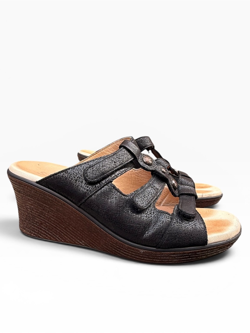 S.A.S. Ginger Wedge Sandal Web Black Adjustable Leather Strappy Women's size 7.5